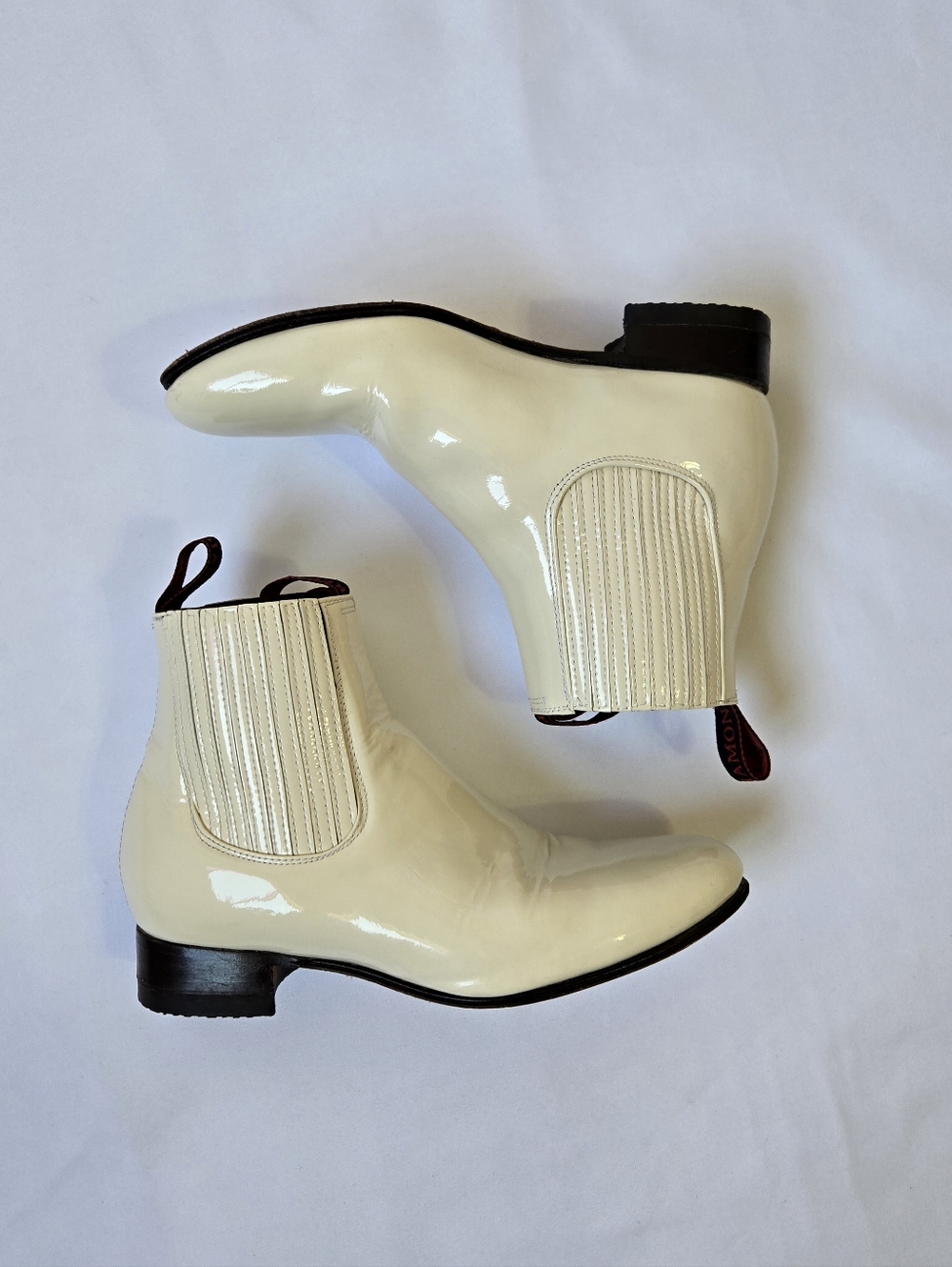 Red Diamond Cream Patent Leather Ankle Boots Chelsea Style Size 10.5 Mexico Made